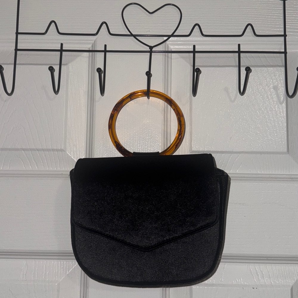 Anthropologie Black Velvet Purse with a Circle Faux Tortoise Handle